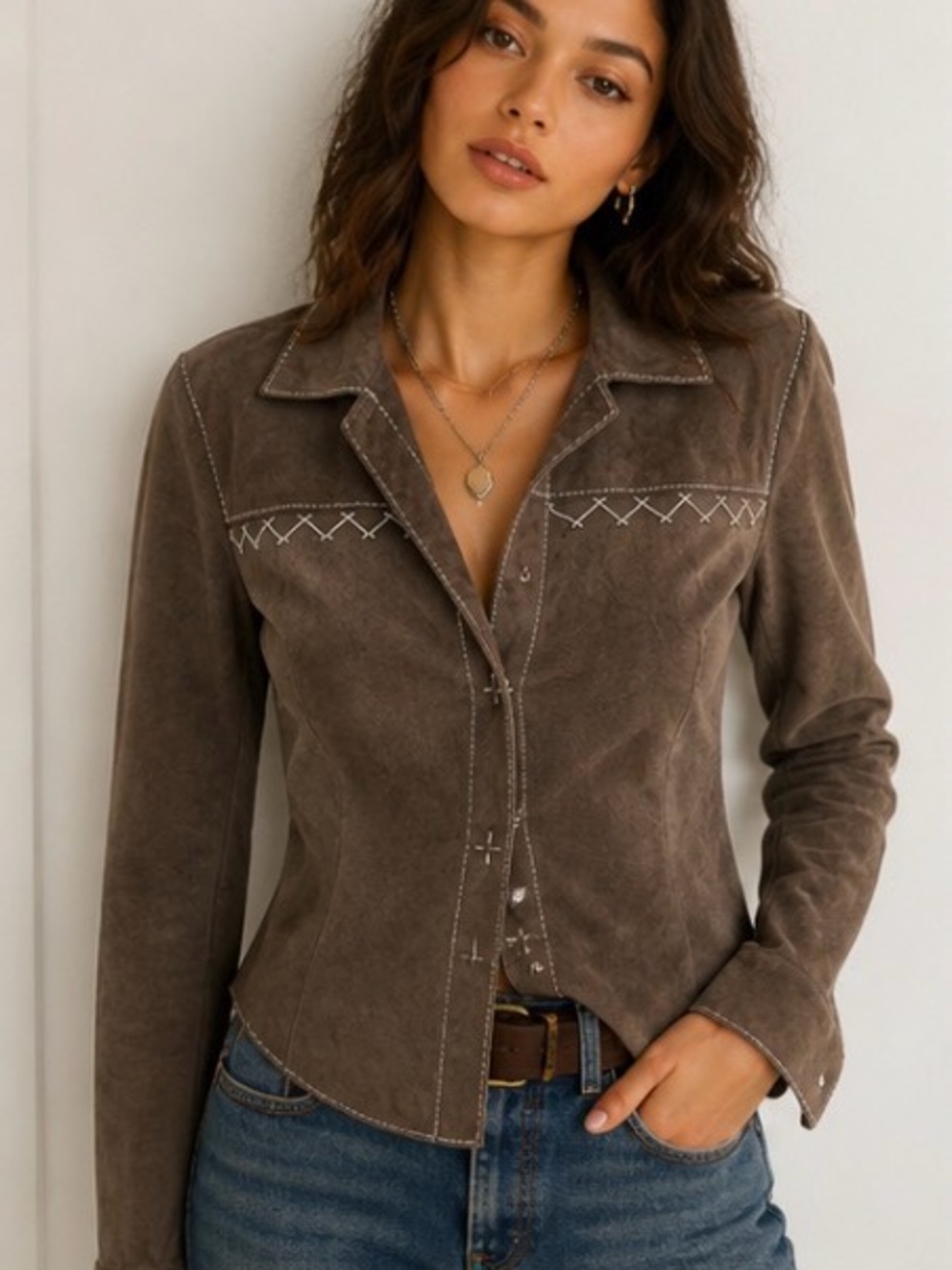 BCBG Max Azria Brown Suede Leather Western Shirt Jacket Size M - Picture 11 of 11